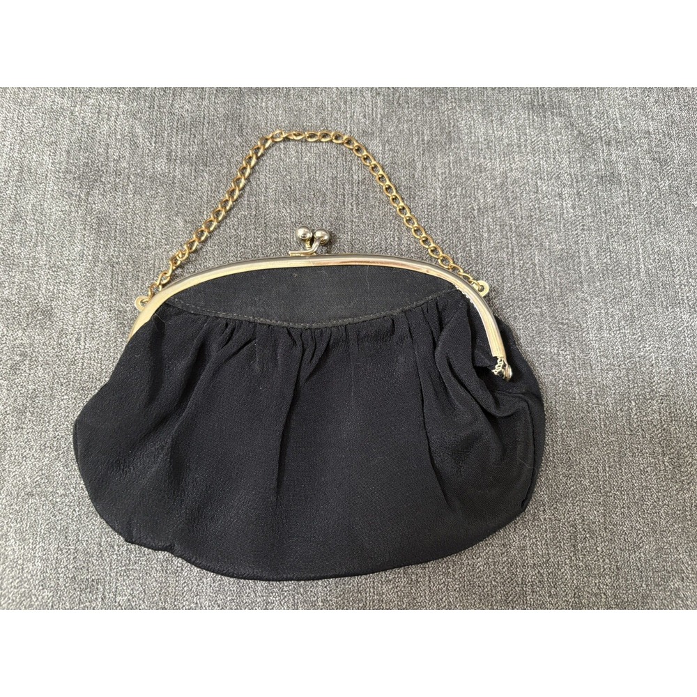 Vintage Black Fabric Evening Purse/Clutch‎ with Gold Clasp/Chain - Unbranded
